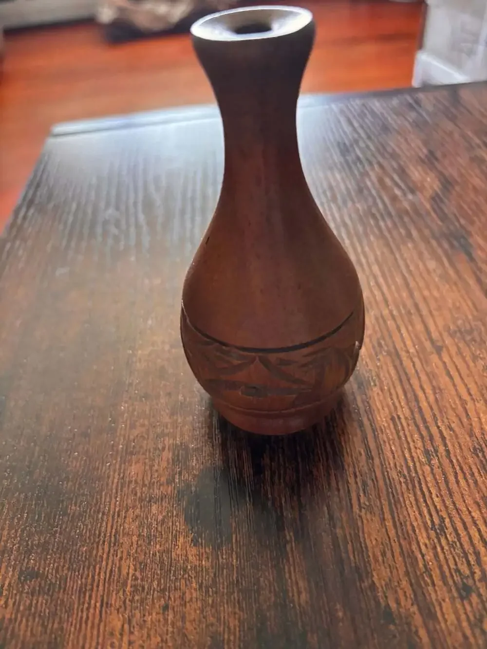 Hand Carved Wooden Bud Vase with Geometric Pattern